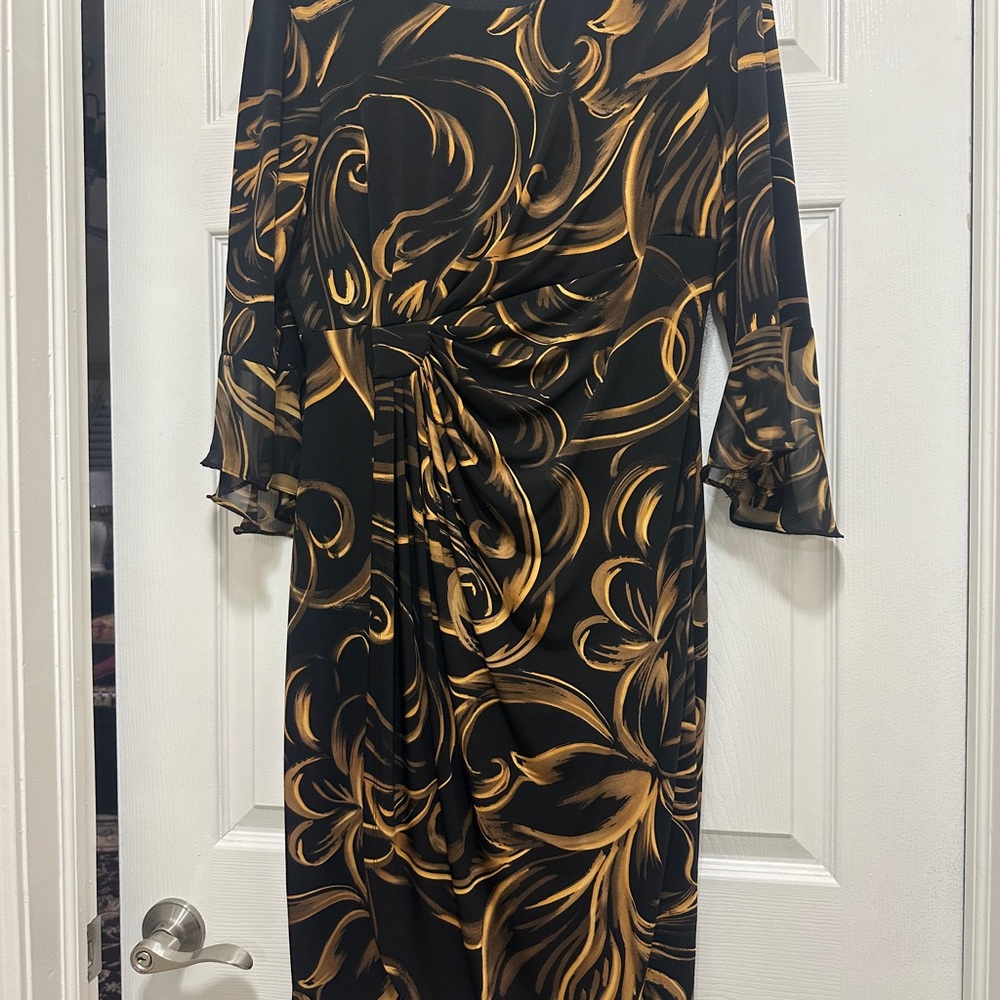 Black & Gold Swirl Matte Jersey Twist-Front Dress